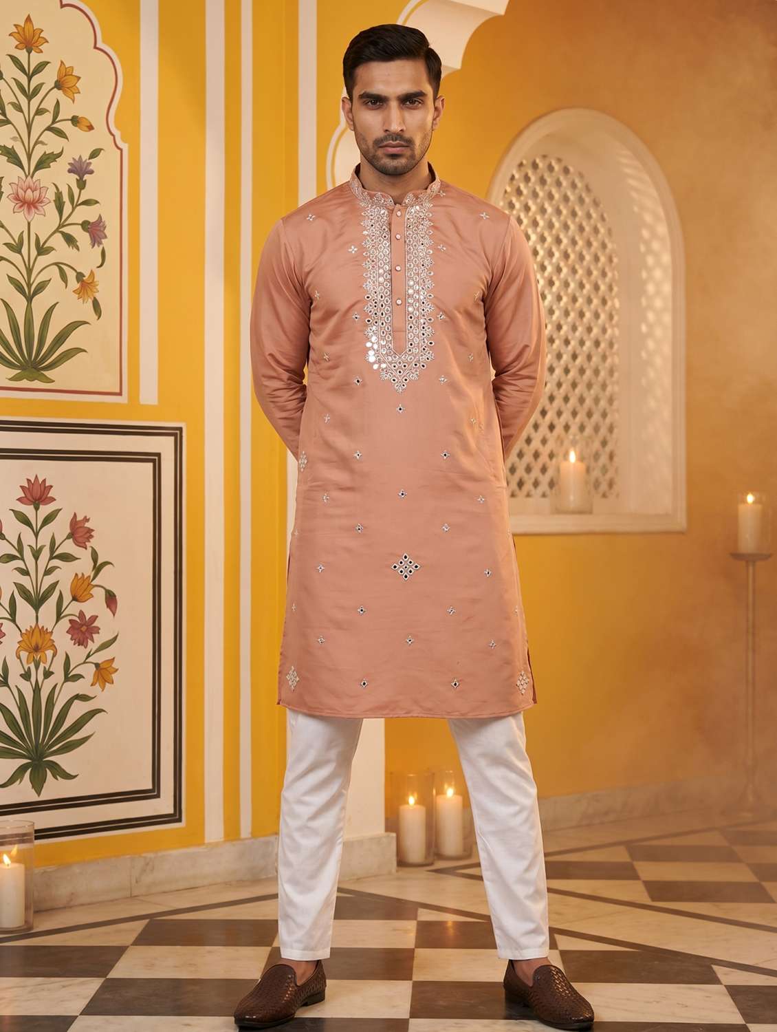 men embroidered mandarin neck kurta pyjama set