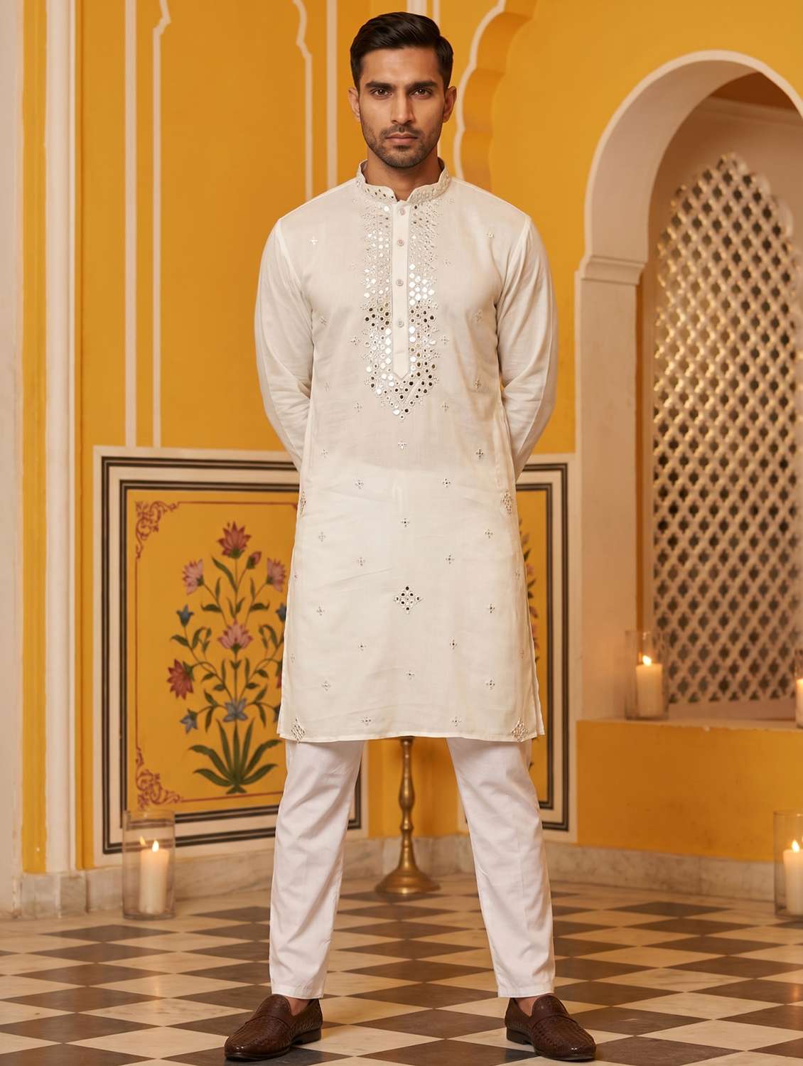 men embroidered mandarin neck kurta pyjama set