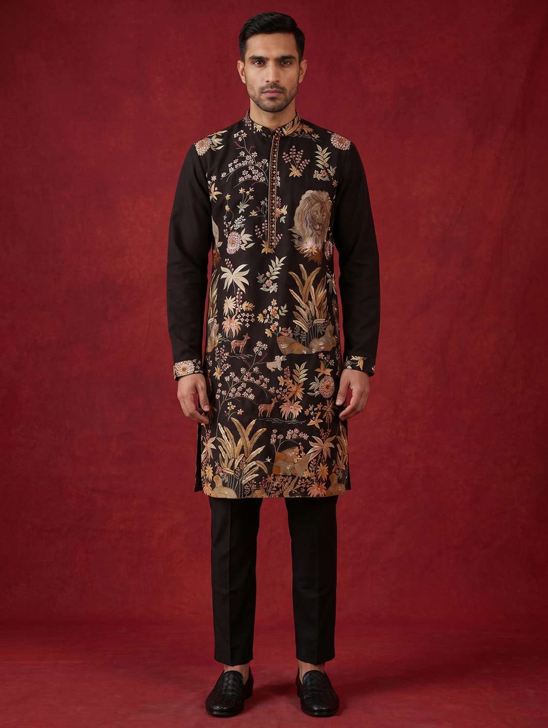 men embroidered mandarin neck kurta pyjama set