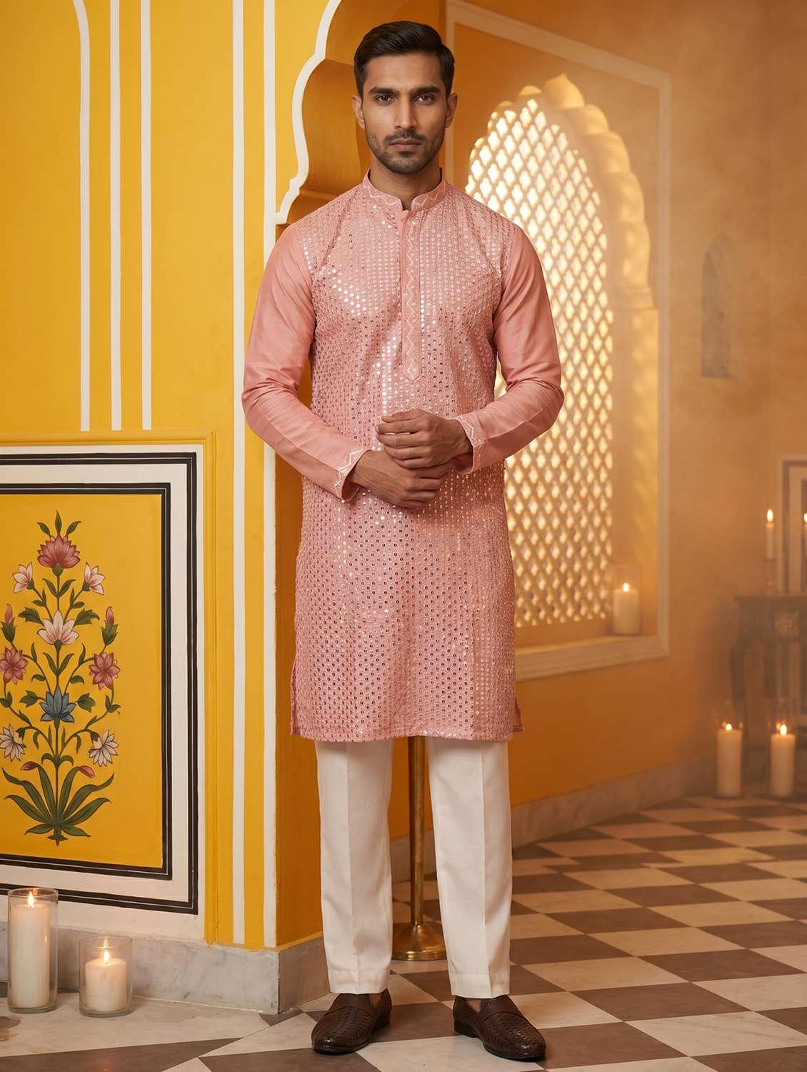 men solid with work mandarin neck kurta pyjama set