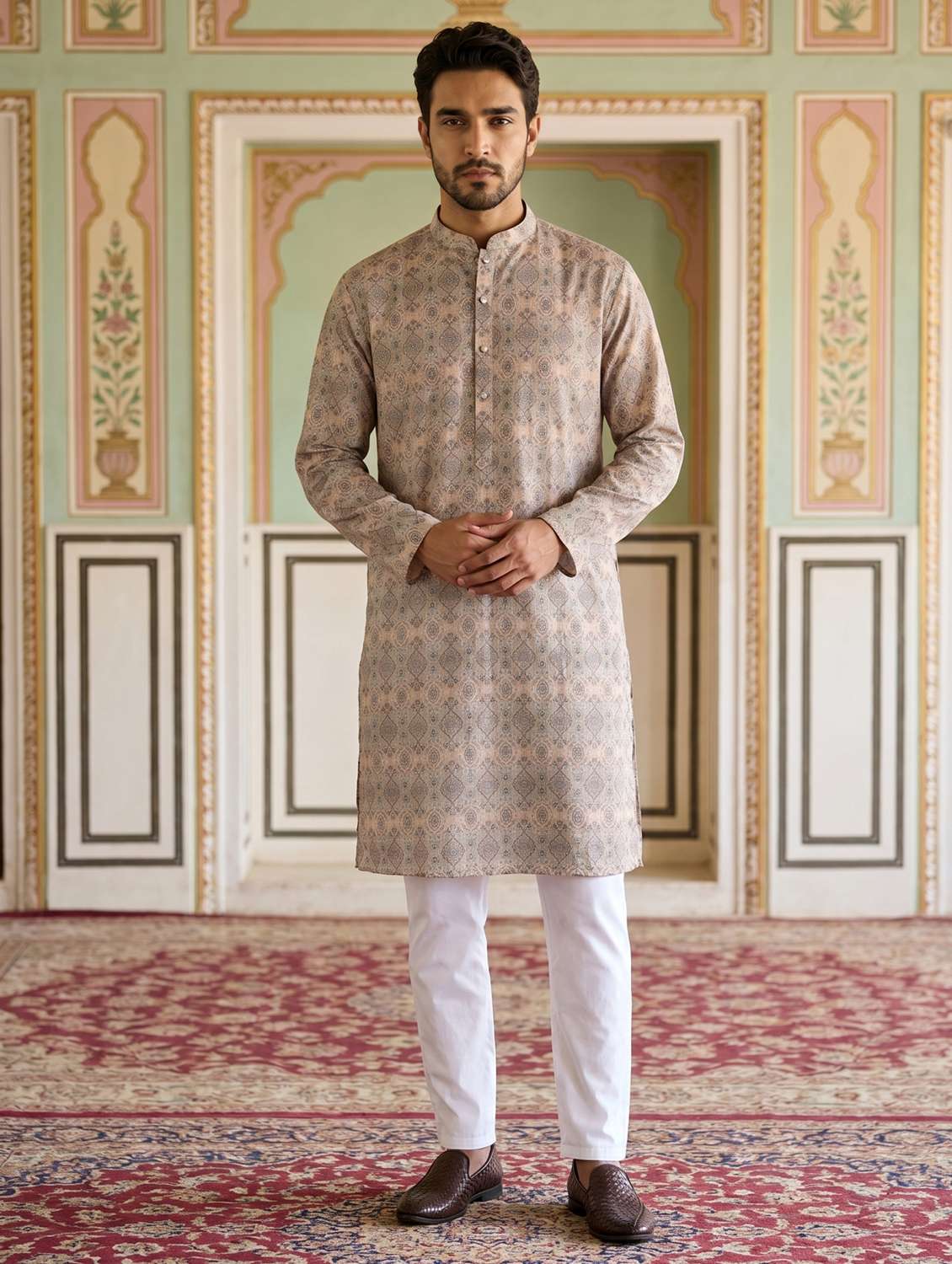 men embroidered mandarin neck kurta pyjama set