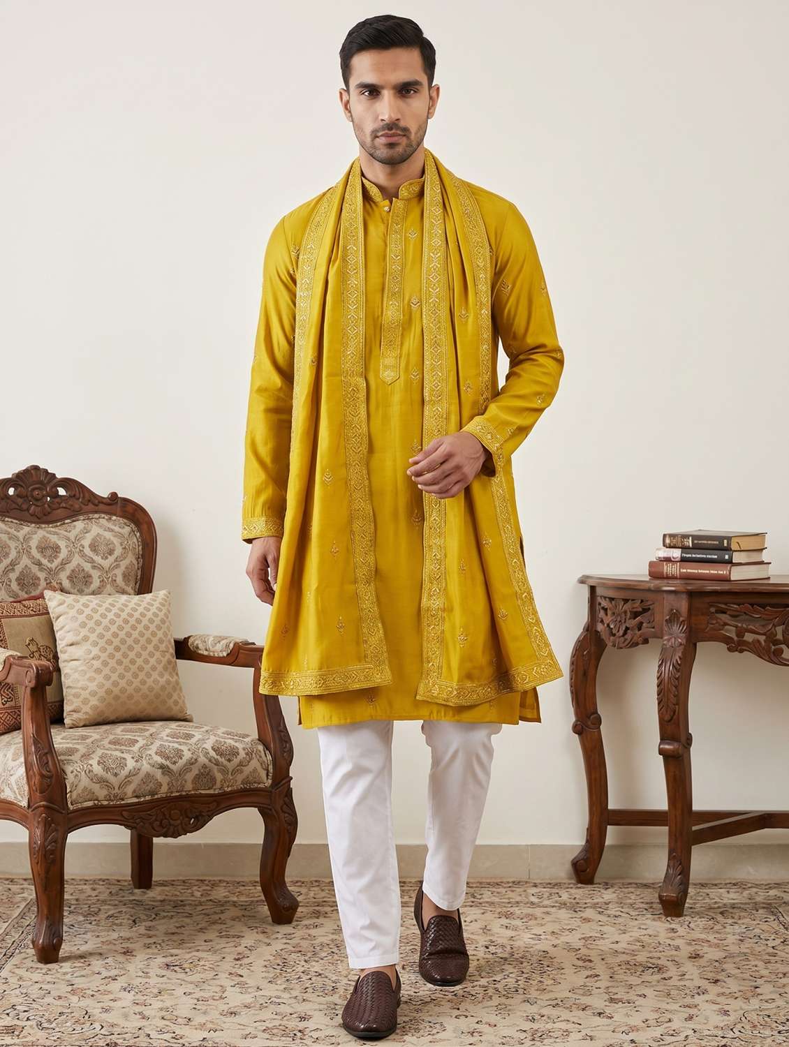 men embroidered mandarin neck kurta bottom with dupattta set