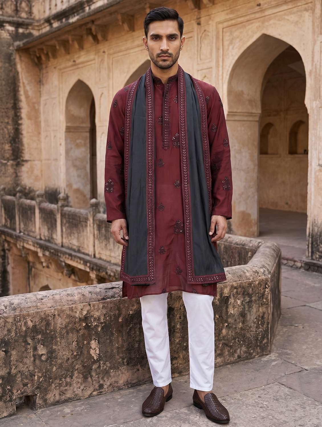 men embroidered mandarin neck kurta bottom with dupattta set
