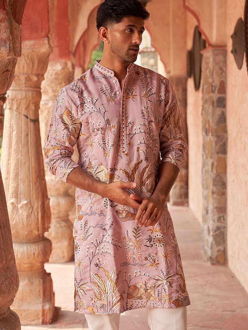 men embroidered mandarin neck kurta pyjama set