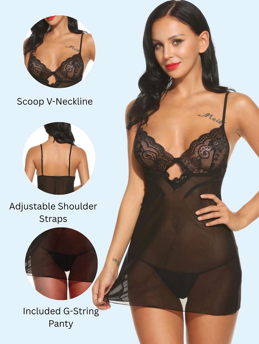 Women Self Design Shoulder Strap Babydoll Set - 22503630 -  Standard Image - 3