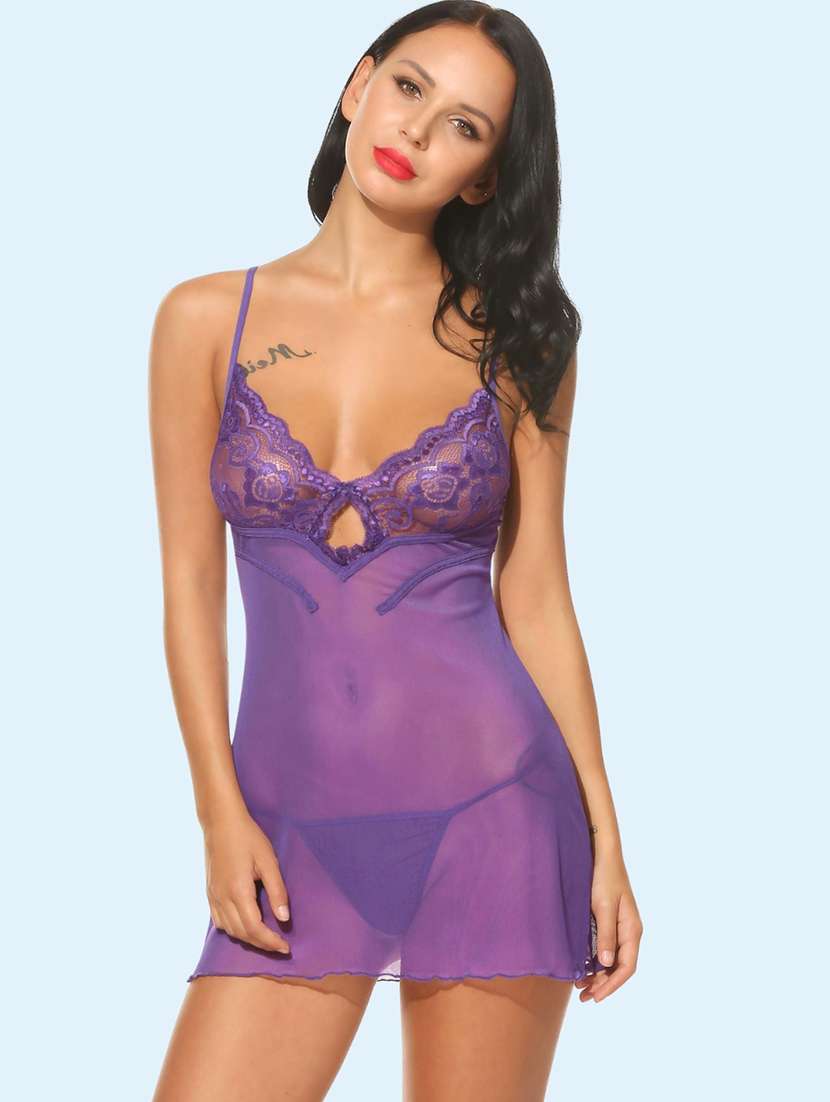 women self design shoulder strap babydoll set