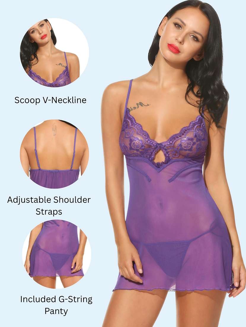 women self design shoulder strap babydoll set - 22503632 -  Standard Image - 3