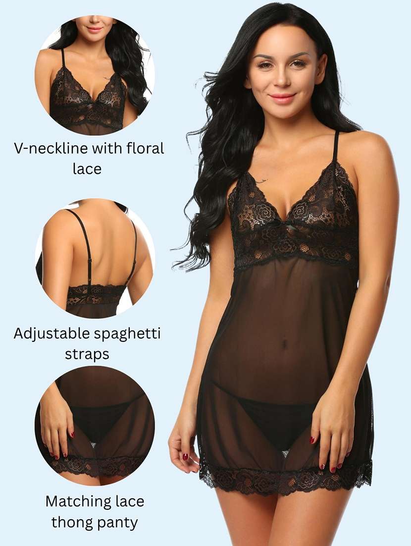 women self design shoulder strap babydoll set - 22503634 -  Standard Image - 3