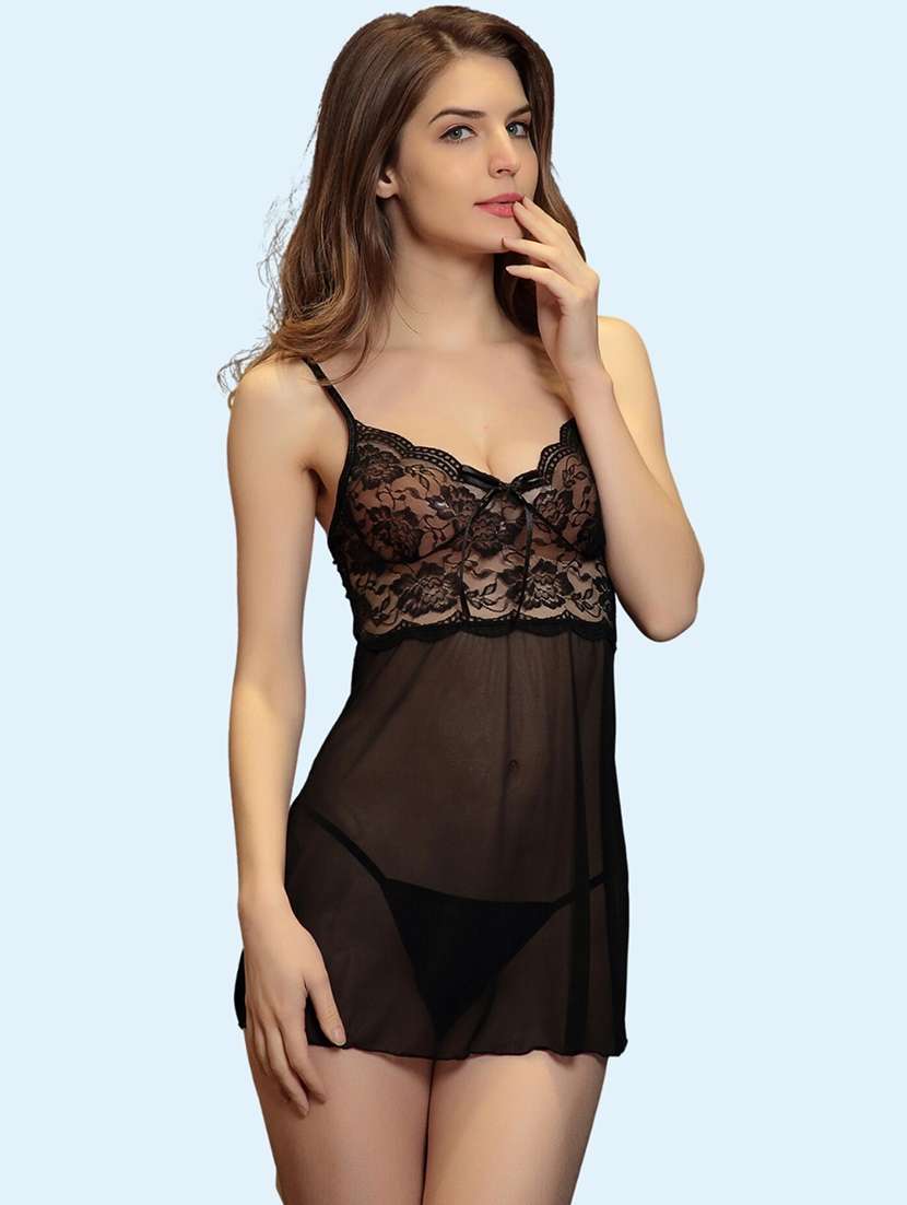 women self design shoulder strap babydoll set