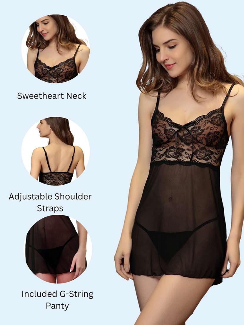 women self design shoulder strap babydoll set - 22503638 -  Standard Image - 3