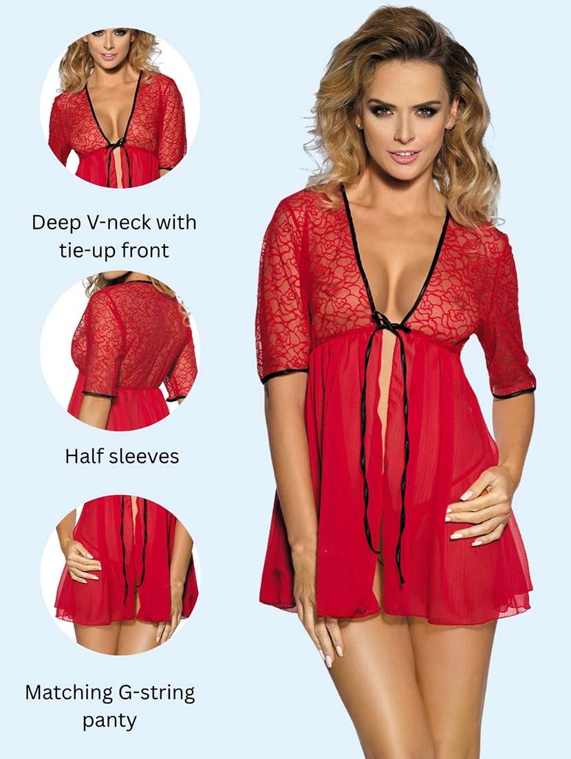 women self design v neck babydoll set - 22503650 -  Standard Image - 3
