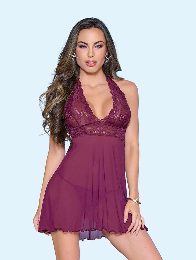 women self design halter neck babydoll set
