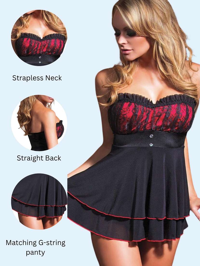 women self design off shoulder babydoll set - 22503655 -  Standard Image - 3