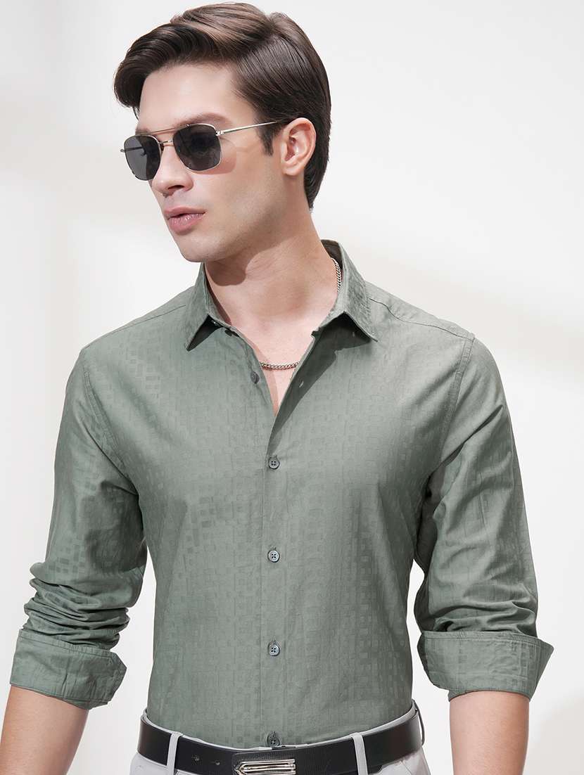 men self design long sleeve slim fit formal shirt