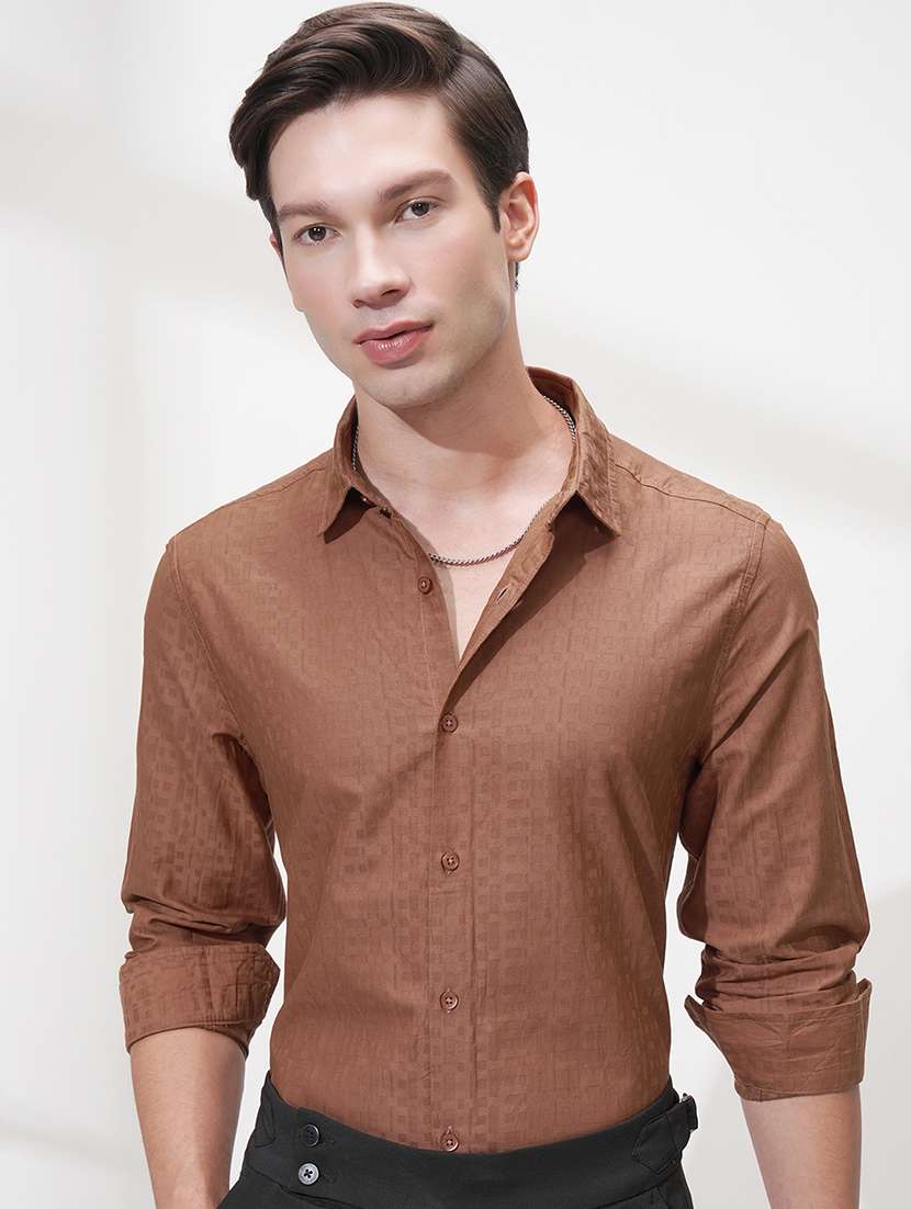 men self design long sleeve slim fit formal shirt