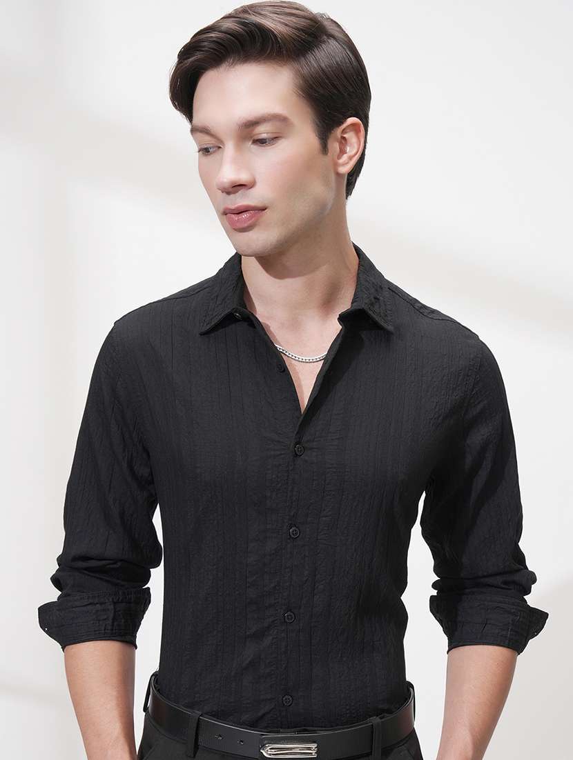 men self design long sleeve slim fit formal shirt