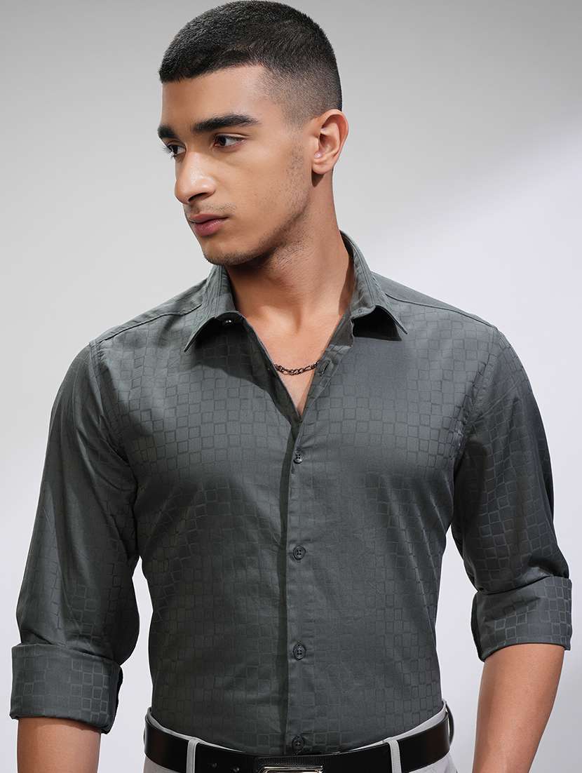 men self design long sleeve slim fit casual shirt