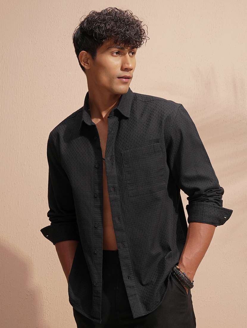 men self design long sleeve regular fit casual shirt