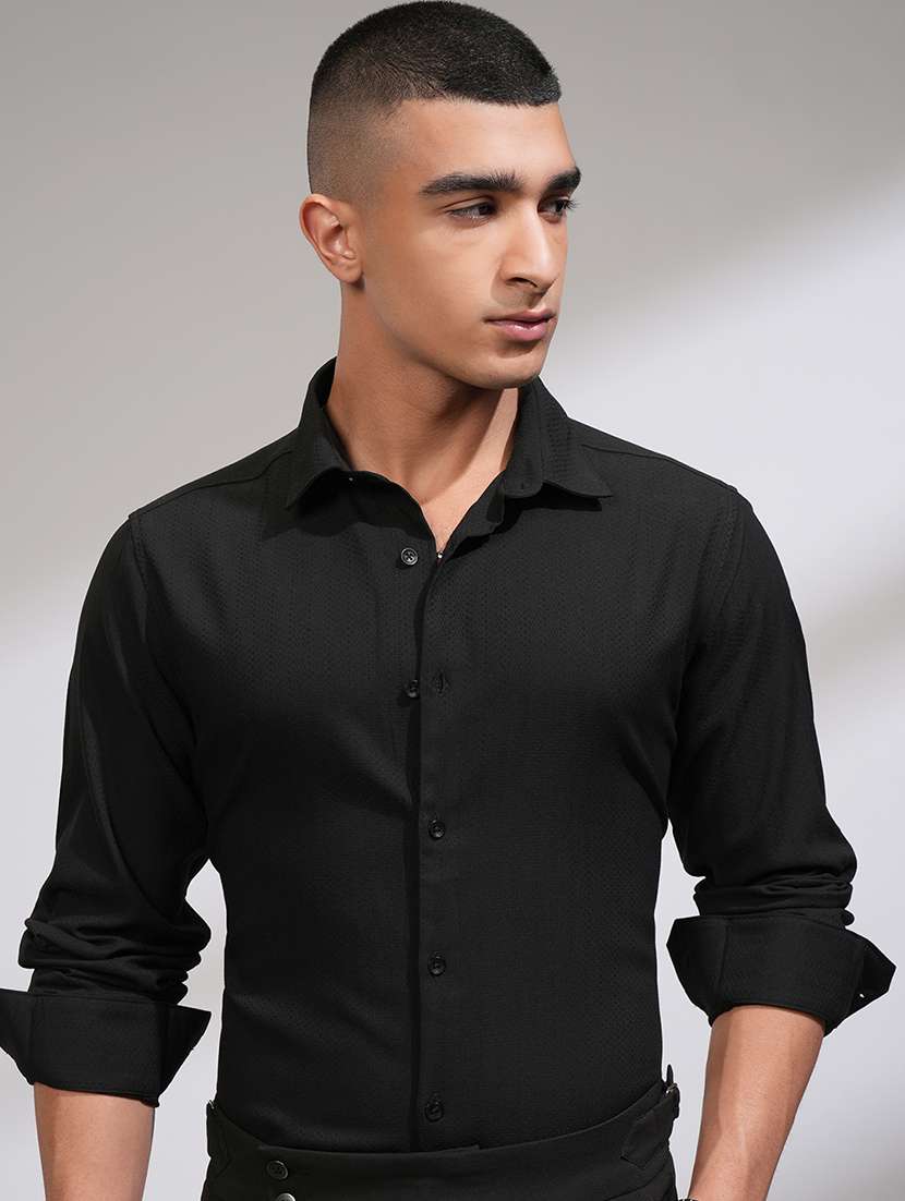 men self design long sleeve slim fit casual shirt