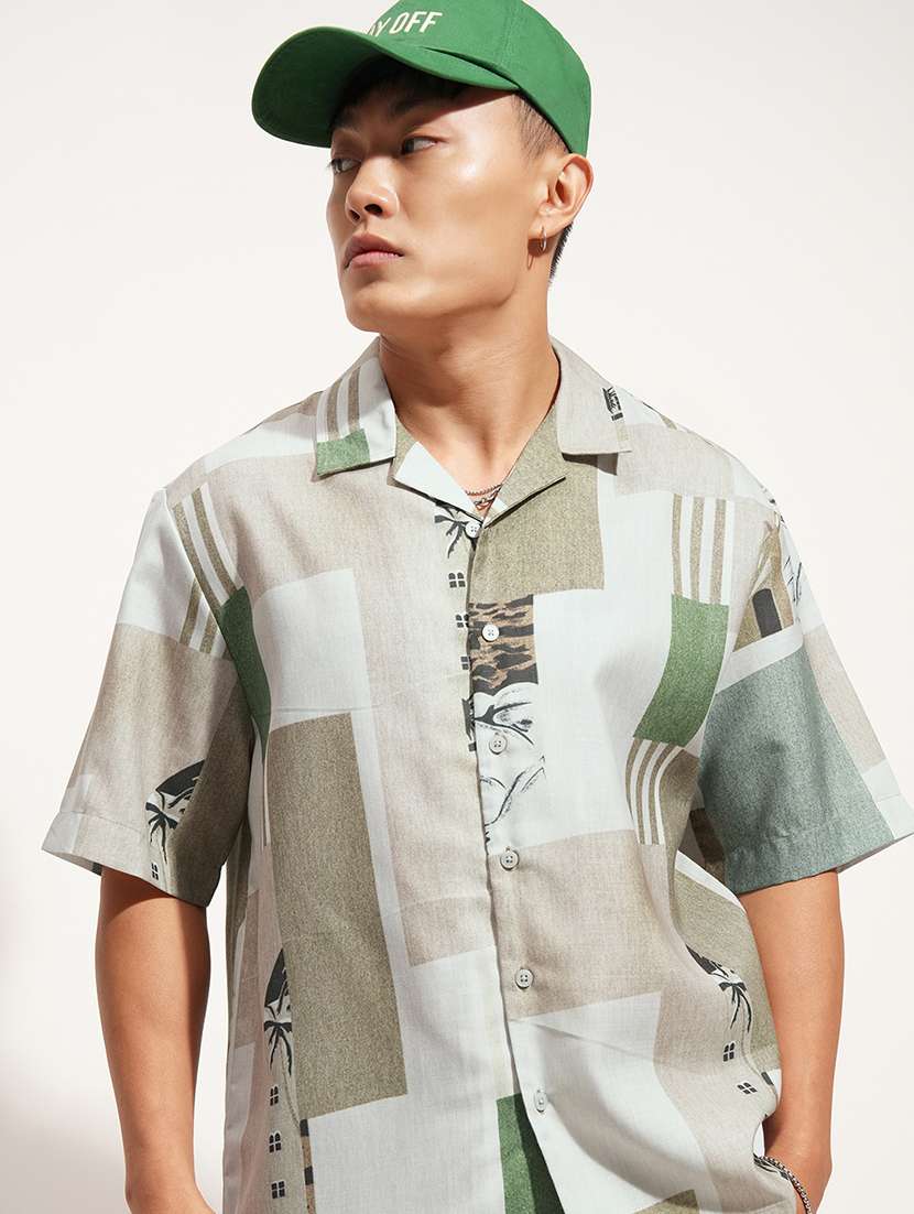 men printed short sleeve regular fit casual shirt