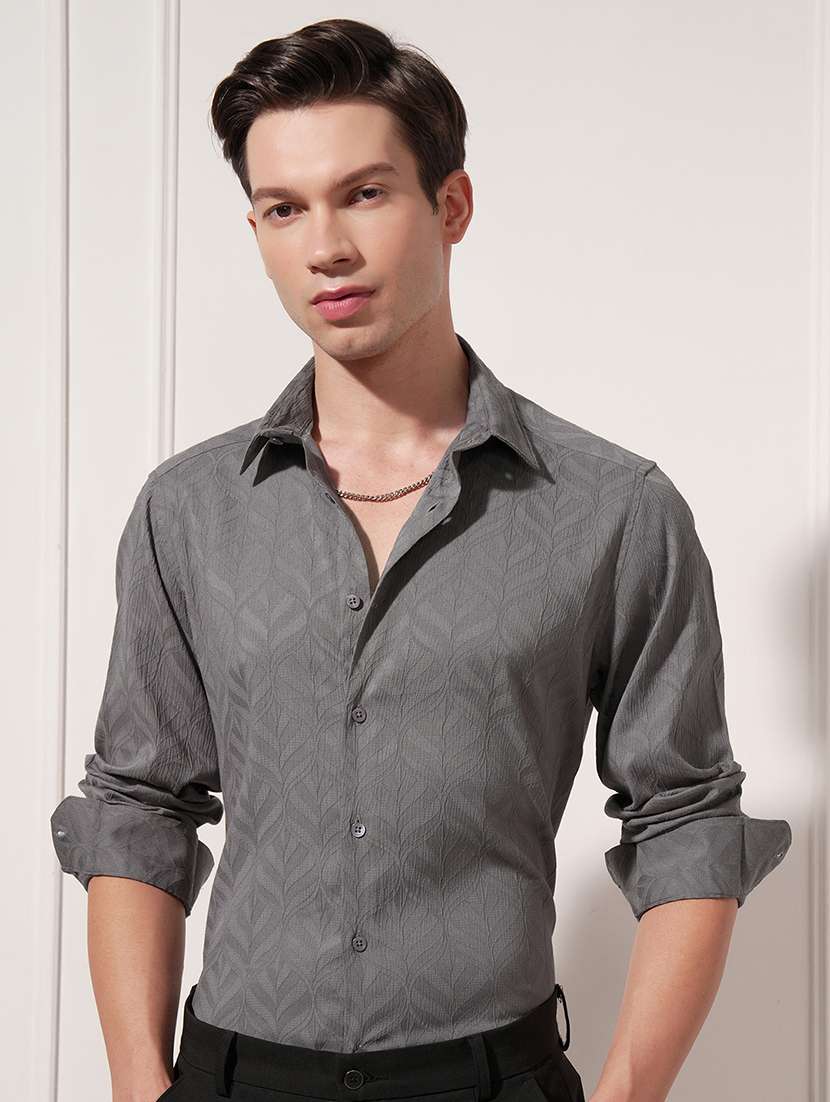 men self design long sleeve slim fit casual shirt