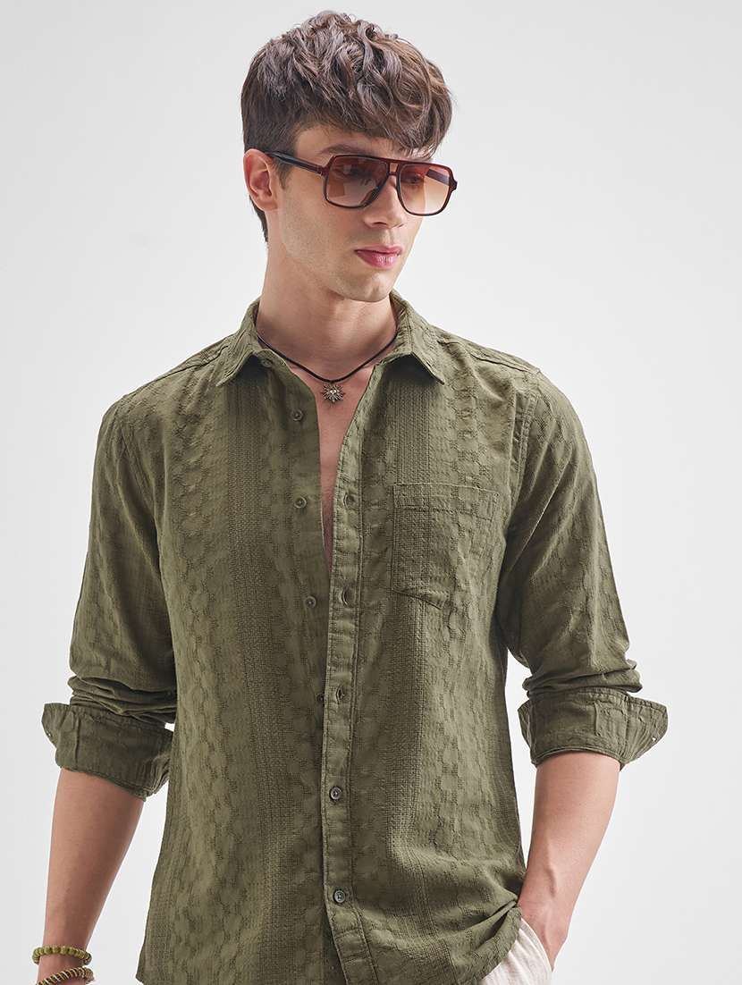 men self design long sleeve regular fit casual shirt