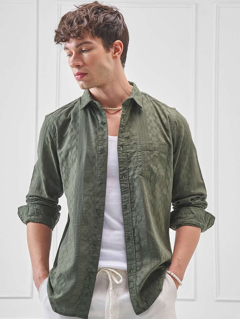 men self design long sleeve regular fit casual shirt