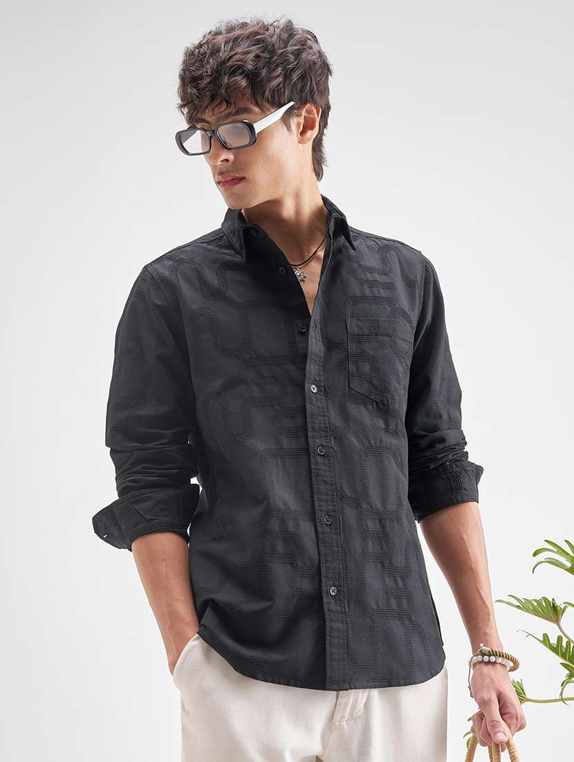 men self design long sleeve regular fit casual shirt