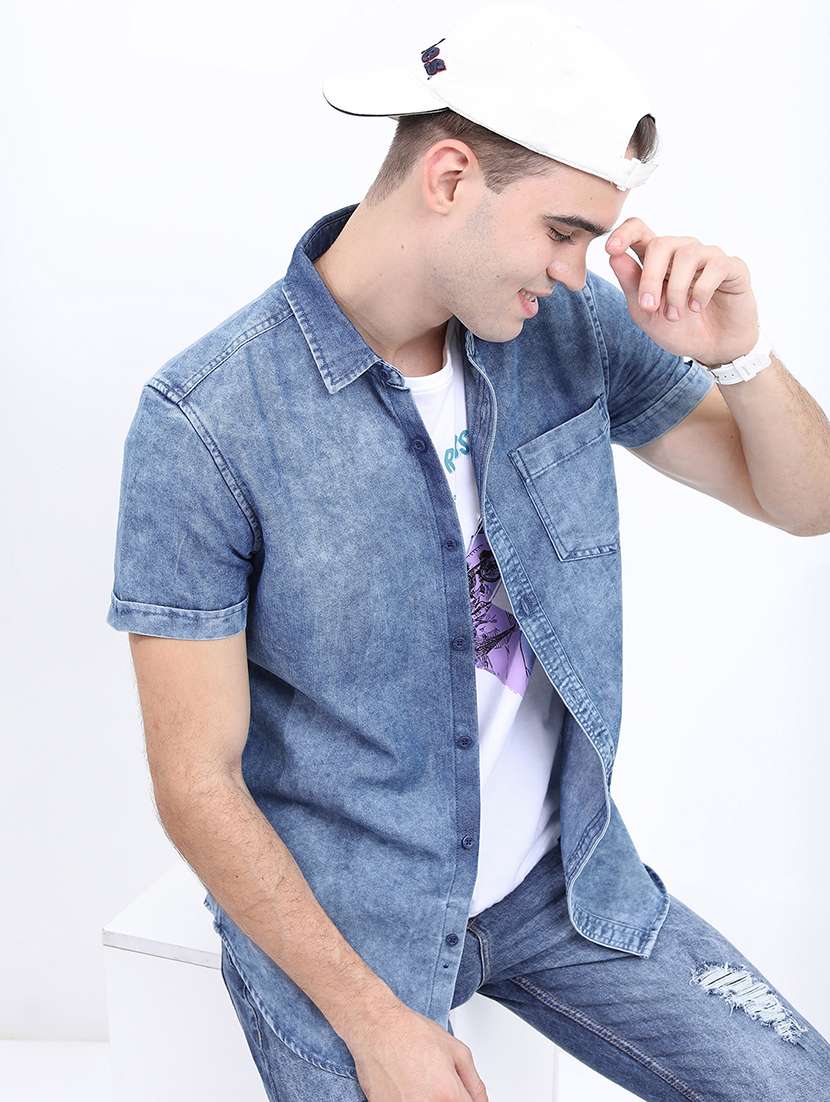 men faded short sleeve slim fit casual shirt