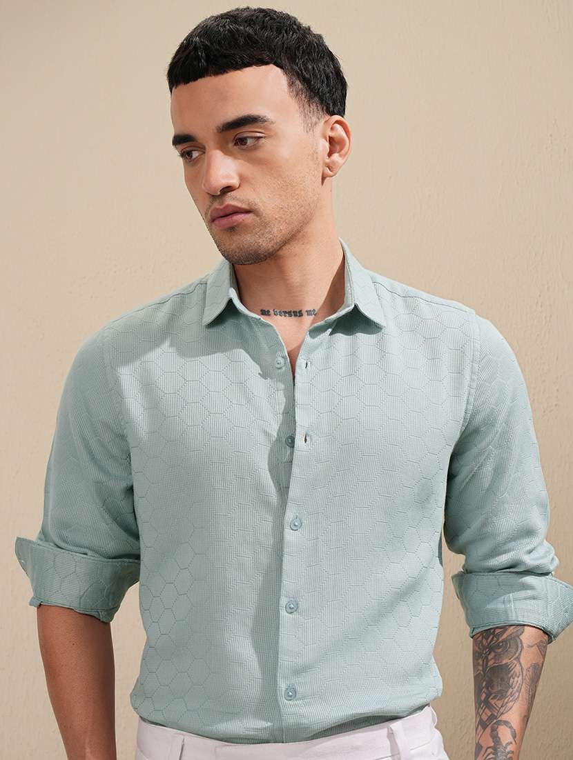 men self design long sleeve regular fit casual shirt