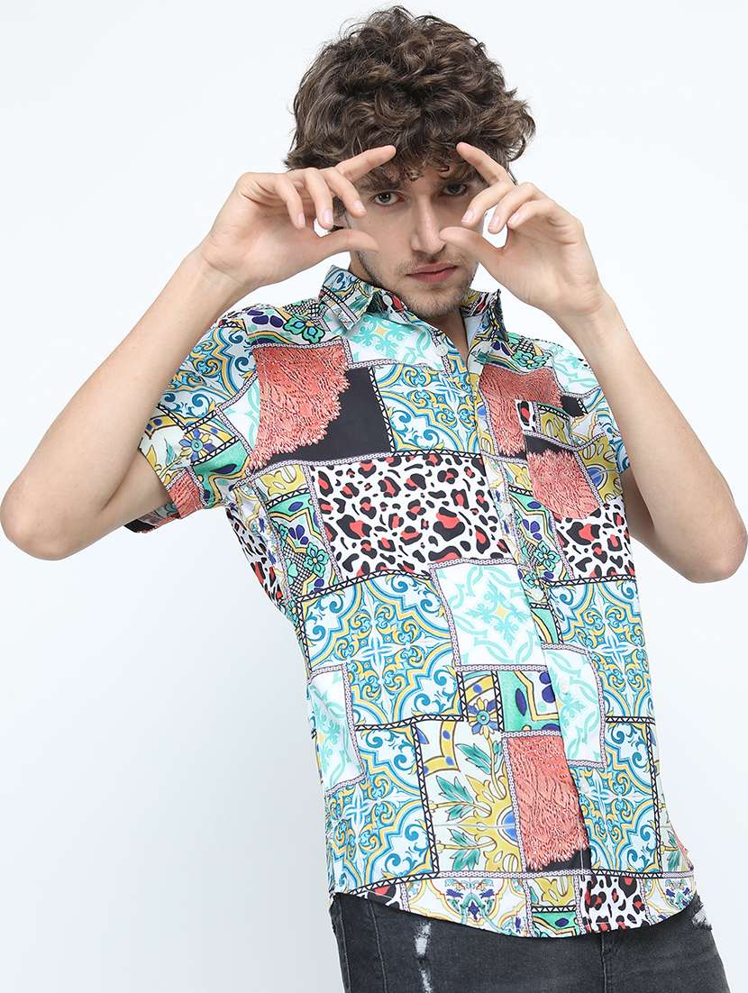 men printed short sleeve slim fit casual shirt - 22504182 -  Standard Image - 3