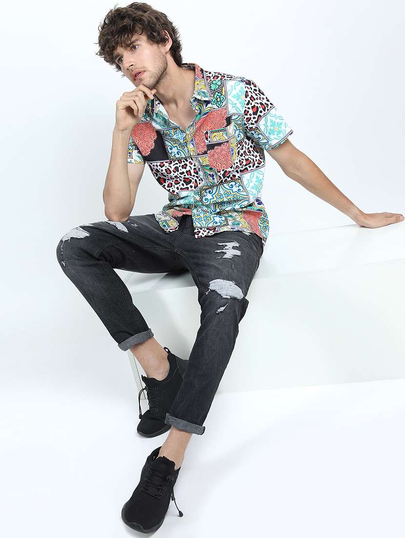 men printed short sleeve slim fit casual shirt - 22504182 -  Standard Image - 5