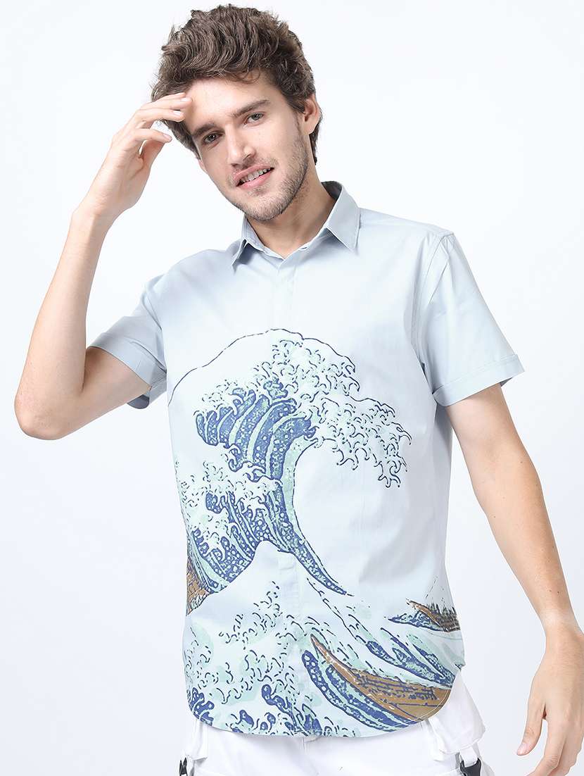 men printed short sleeve slim fit casual shirt