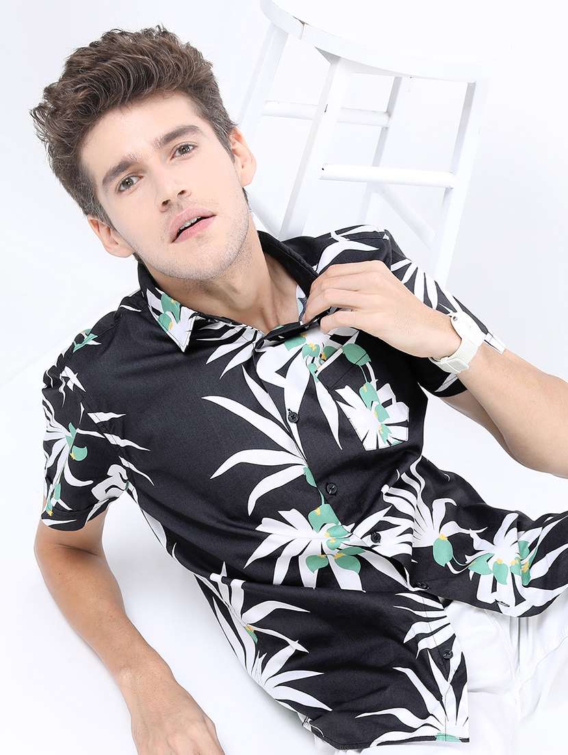 men printed short sleeve slim fit casual shirt