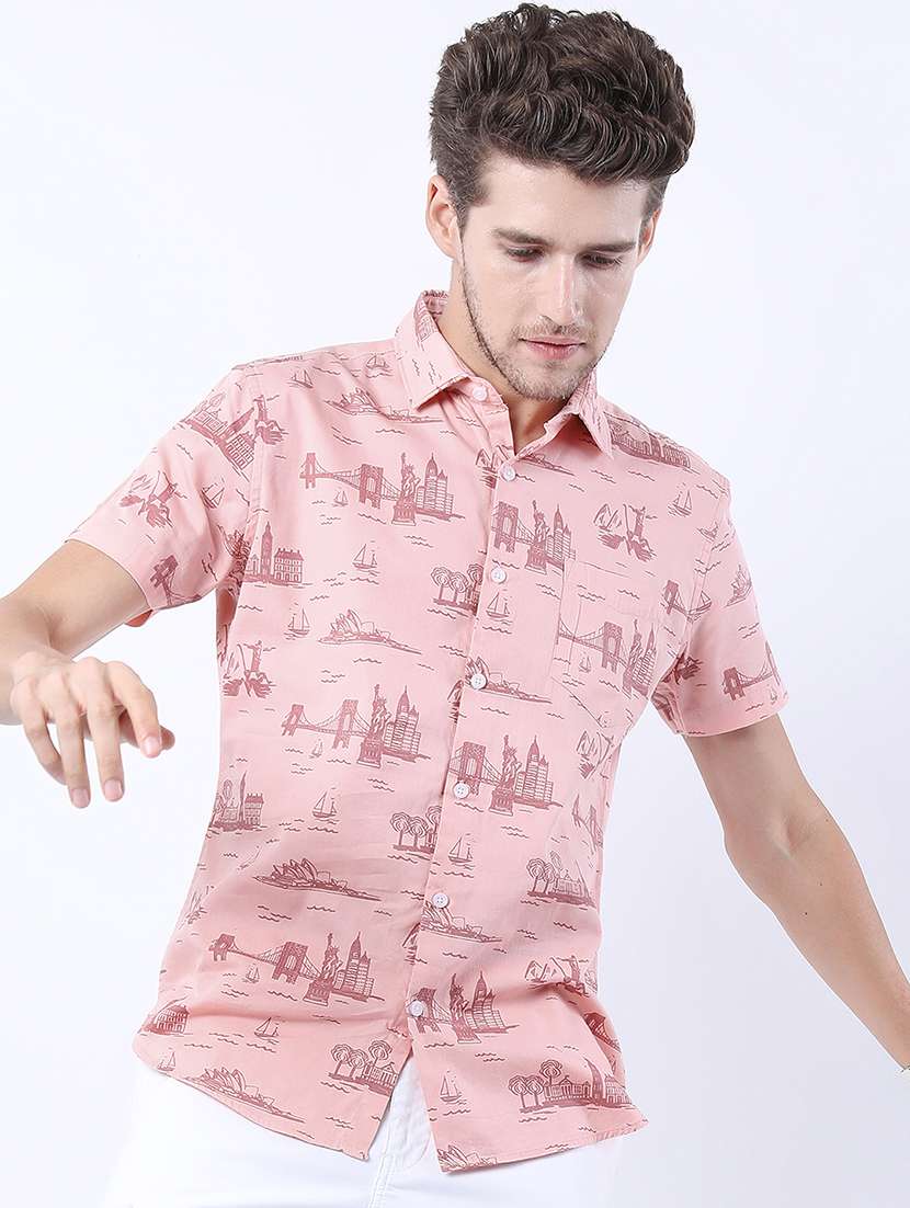 men printed short sleeve slim fit casual shirt