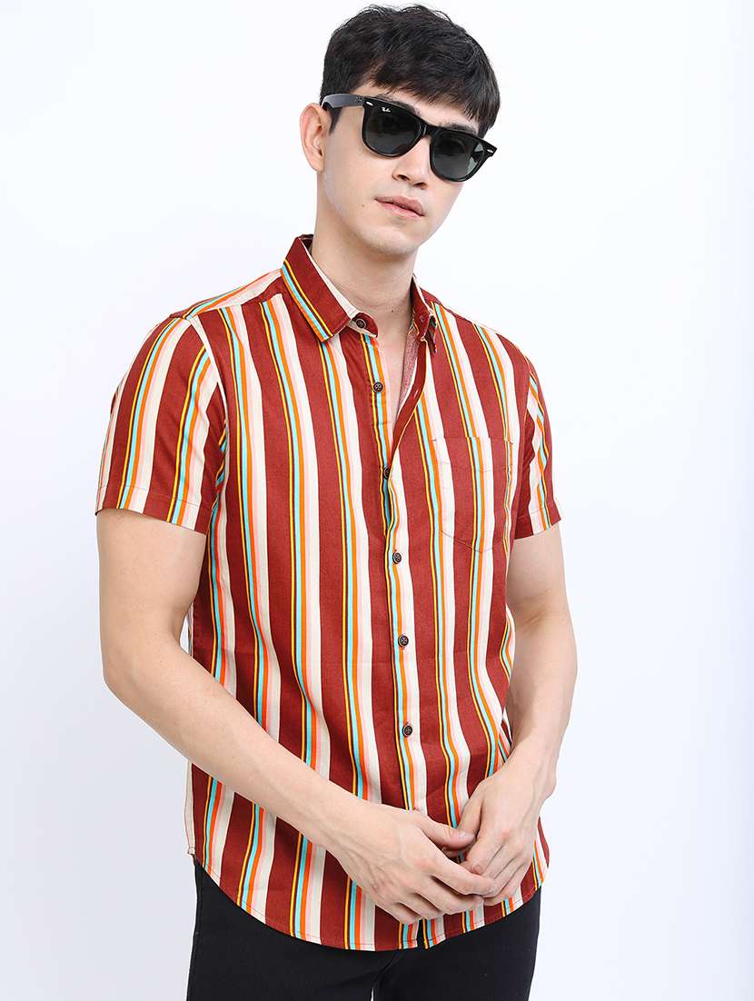 men striped long sleeve slim fit casual shirt