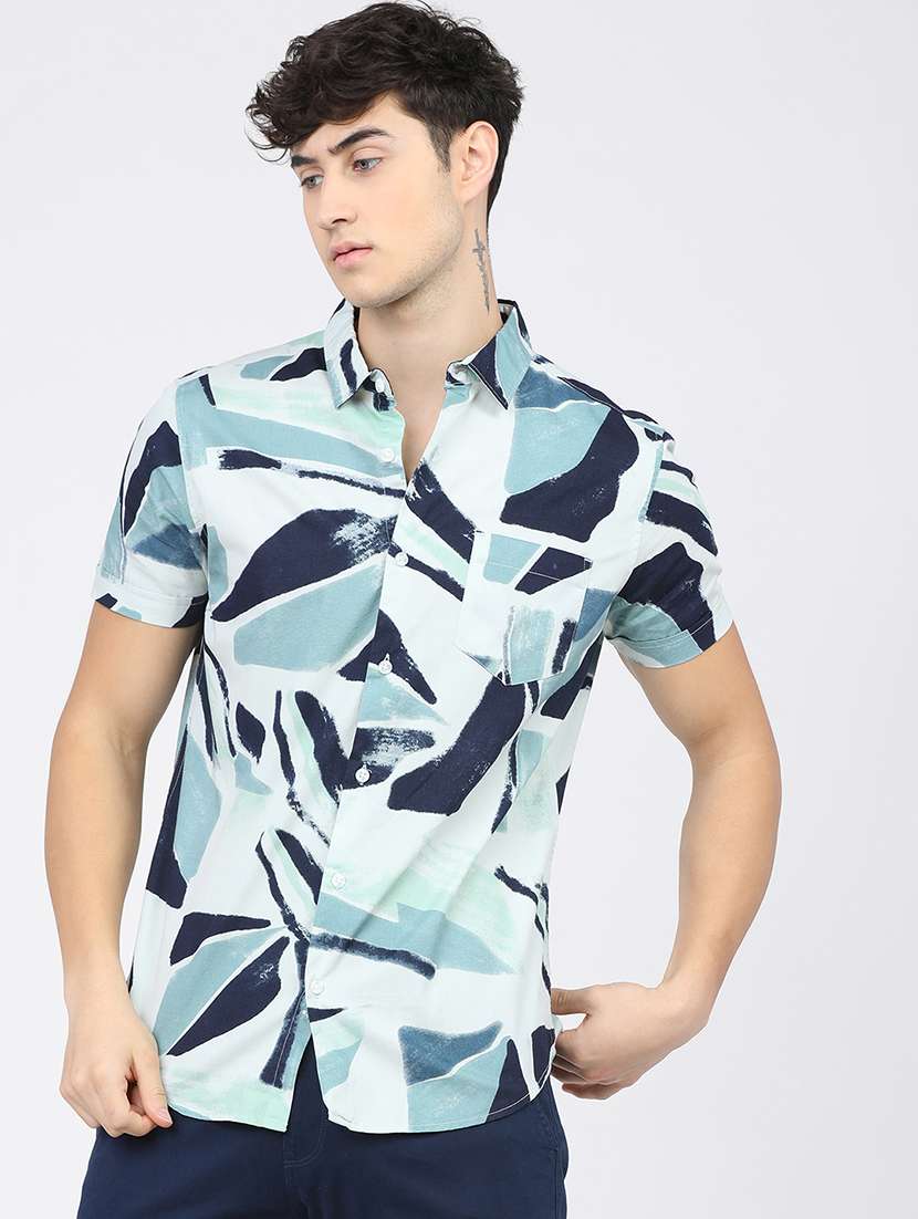 men printed short sleeve slim fit casual shirt