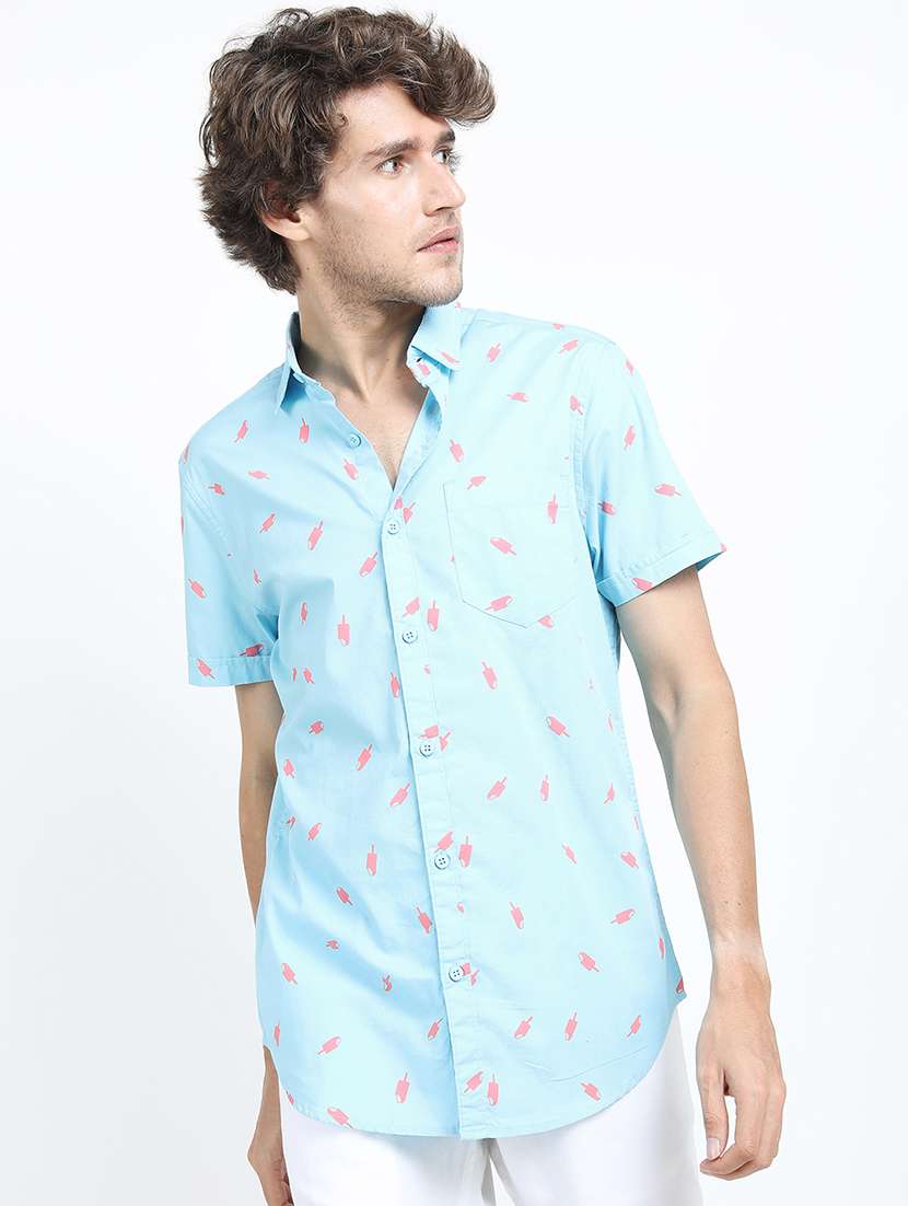 men printed short sleeve slim fit casual shirt