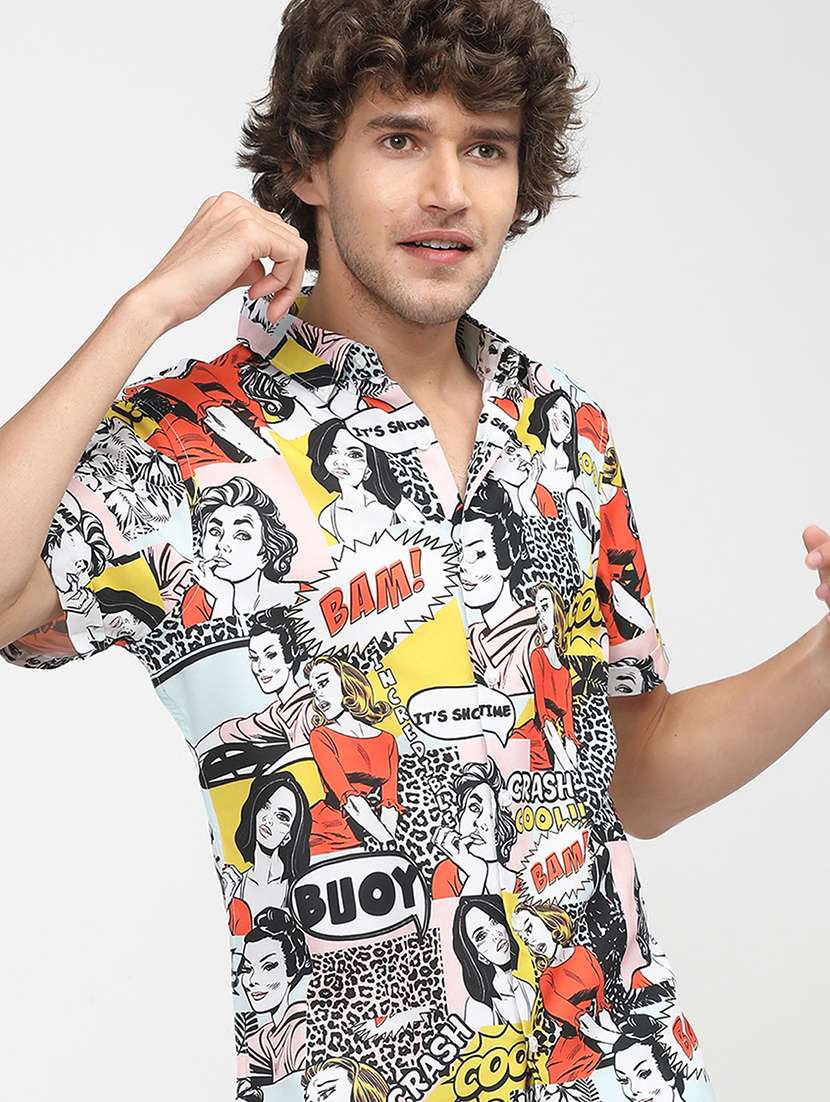 men printed short sleeve slim fit casual shirt