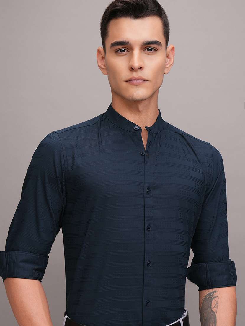 men self design long sleeve slim fit casual shirt