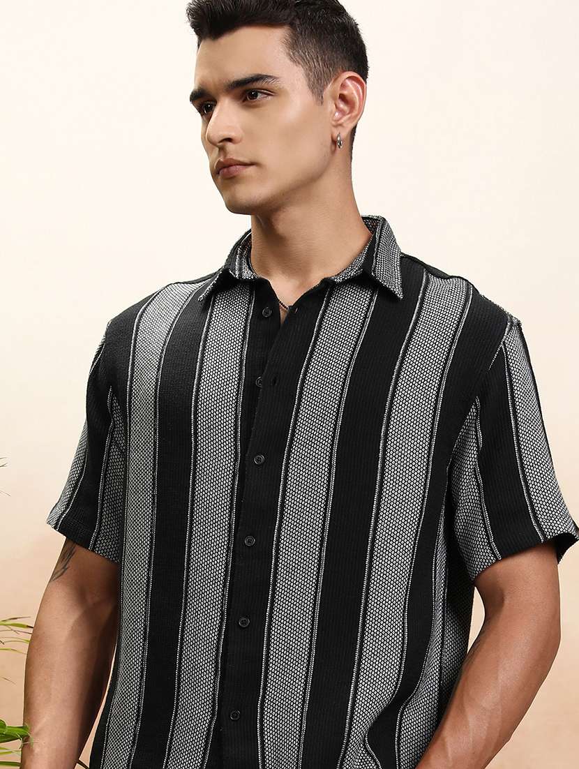men striped long sleeve loose fit casual shirt
