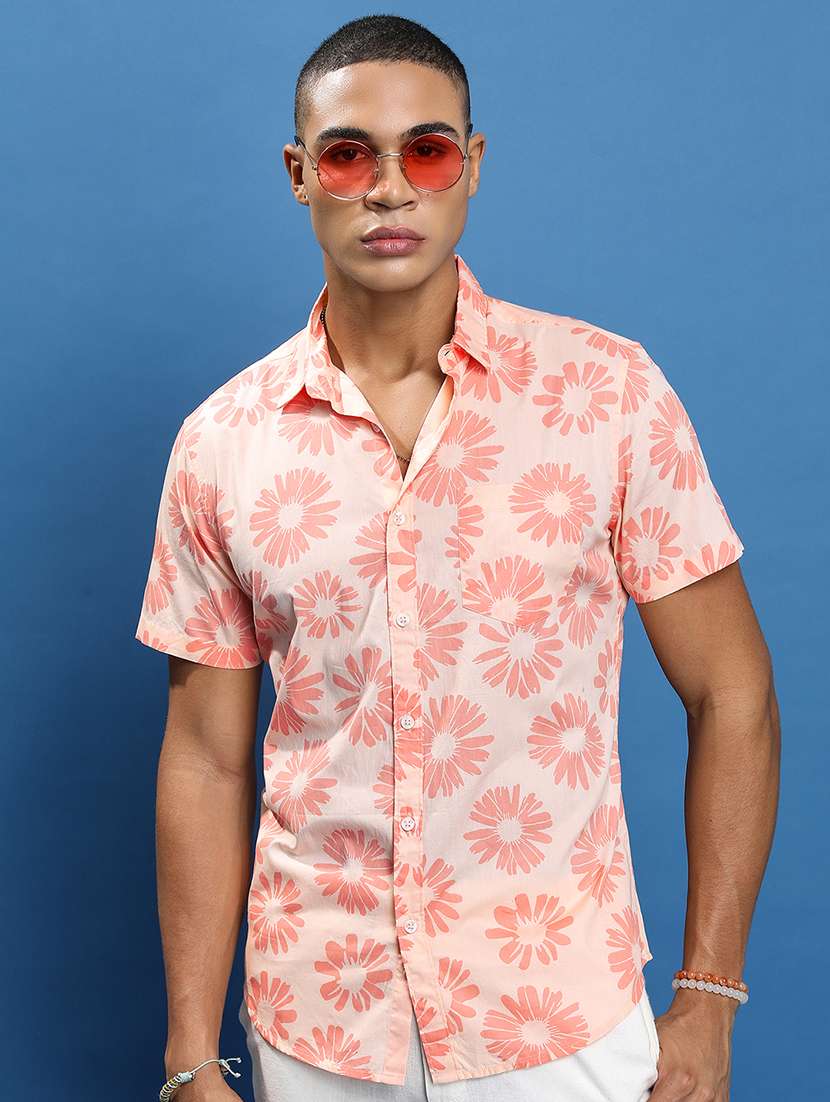 men printed short sleeve slim fit casual shirt