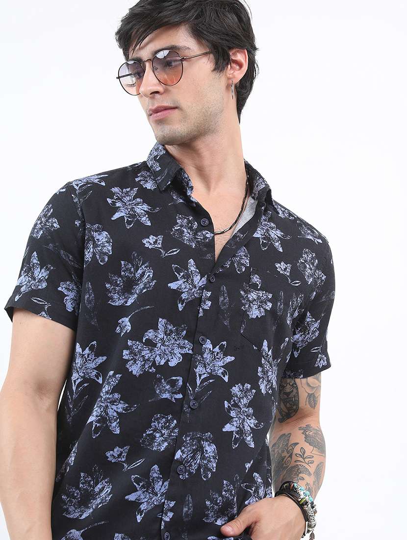 men printed short sleeve slim fit casual shirt