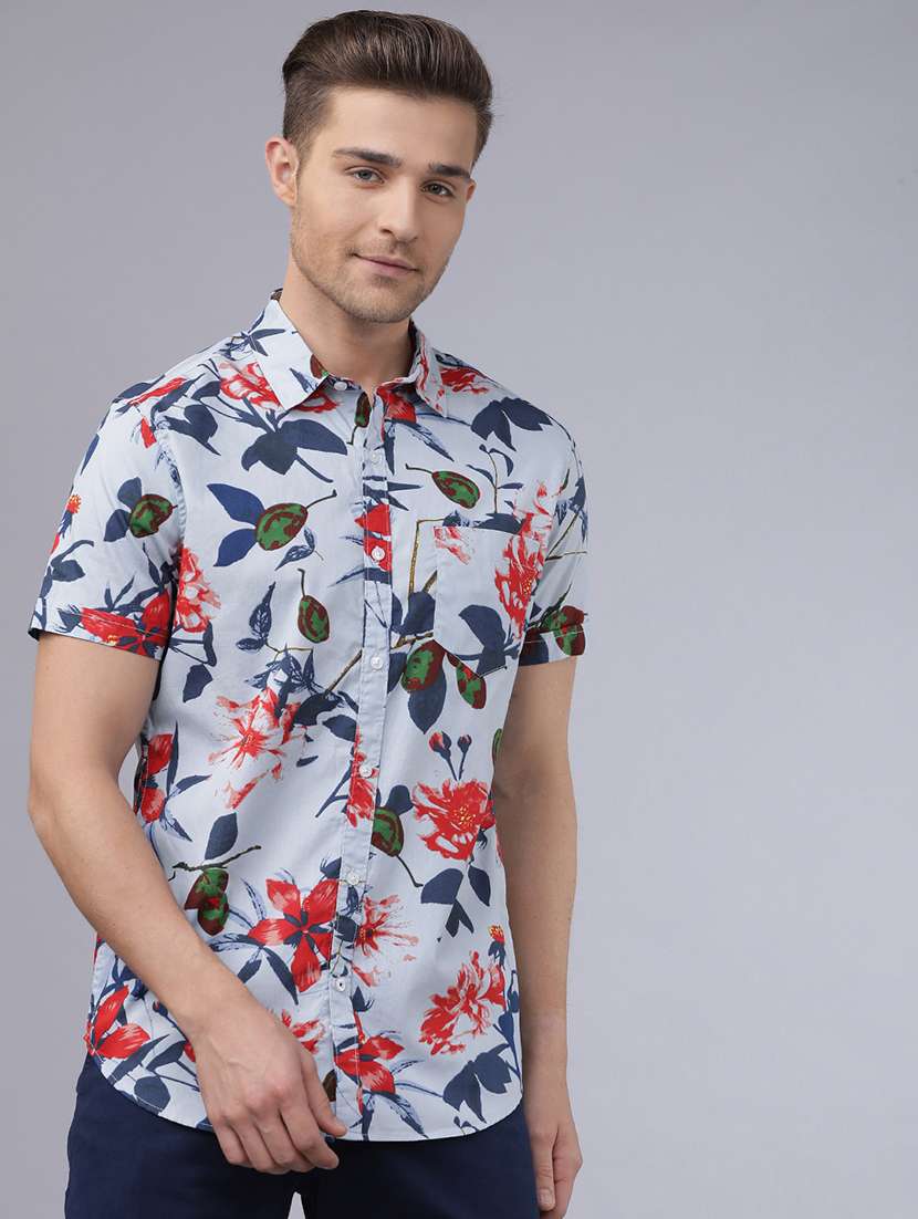men printed short sleeve slim fit casual shirt
