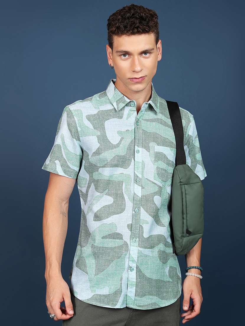 men printed short sleeve slim fit casual shirt