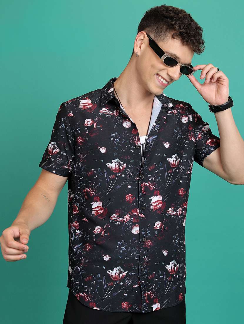 men printed short sleeve slim fit casual shirt