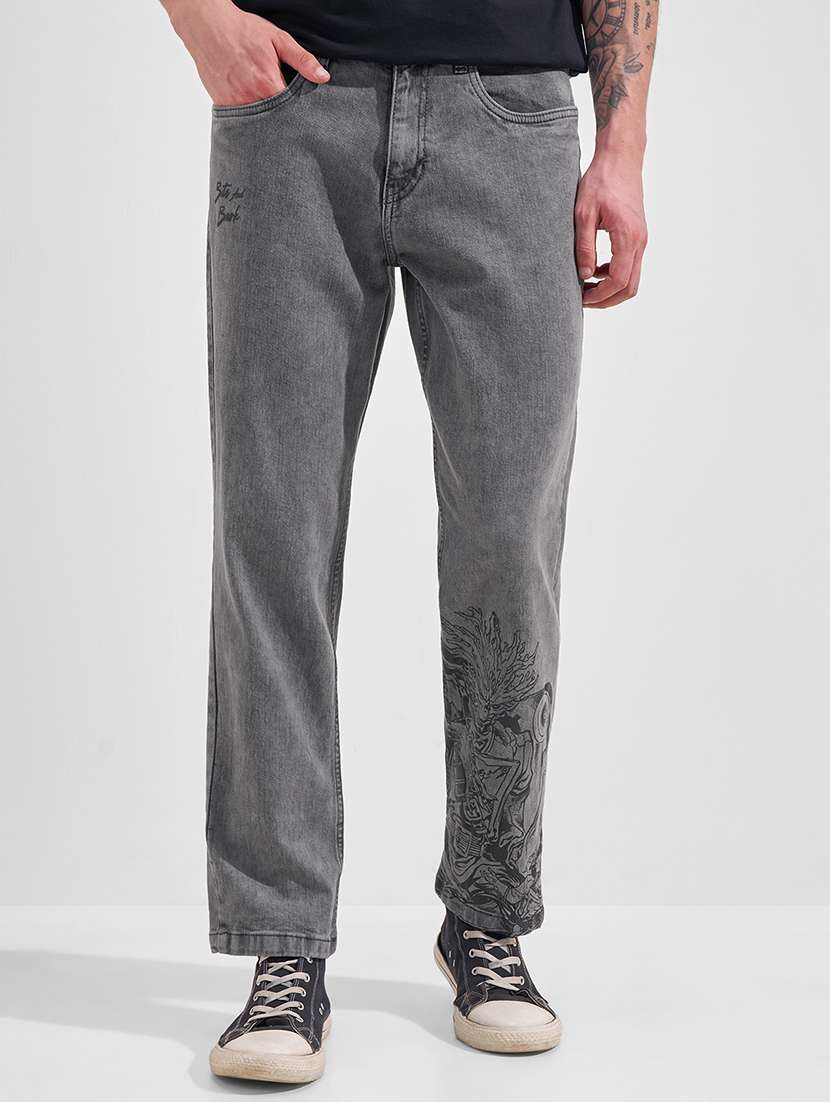 men printed mid rise straight jeans
