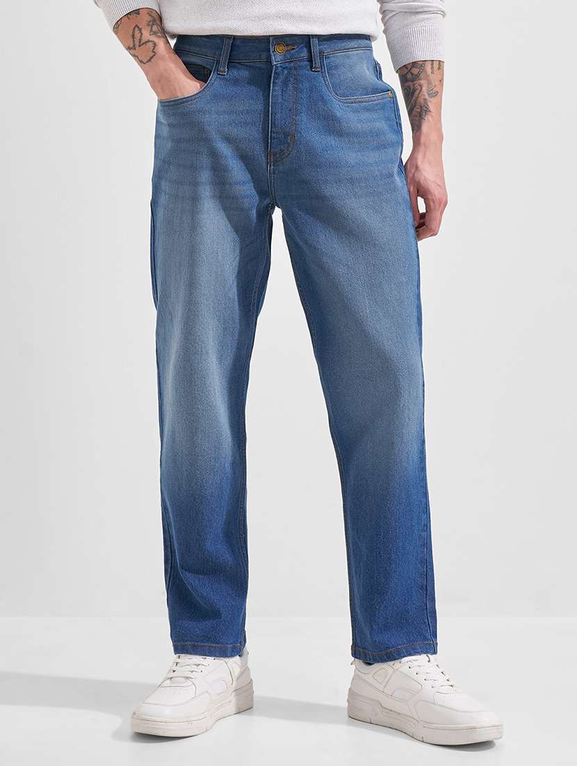 men washed mid rise straight jeans