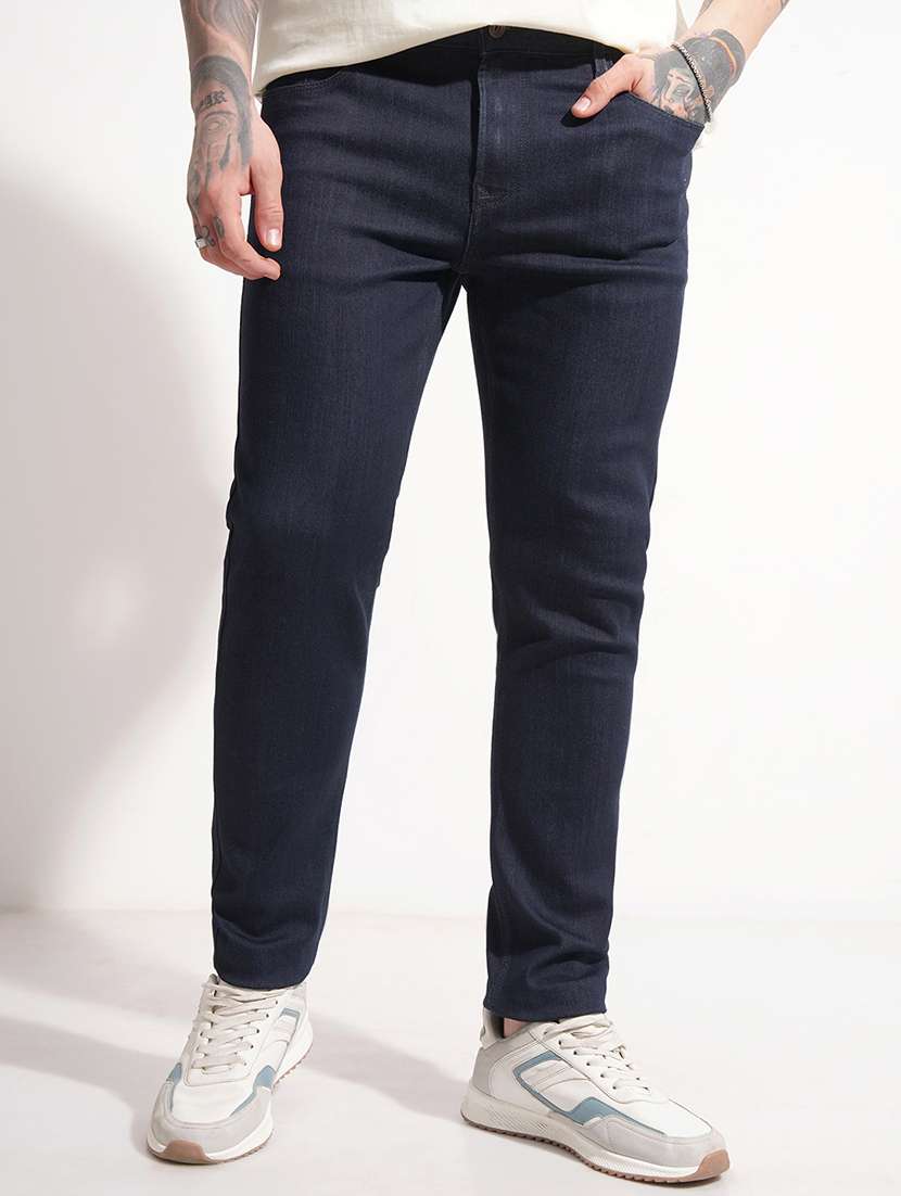 men plain mid rise full length slim fit jeans