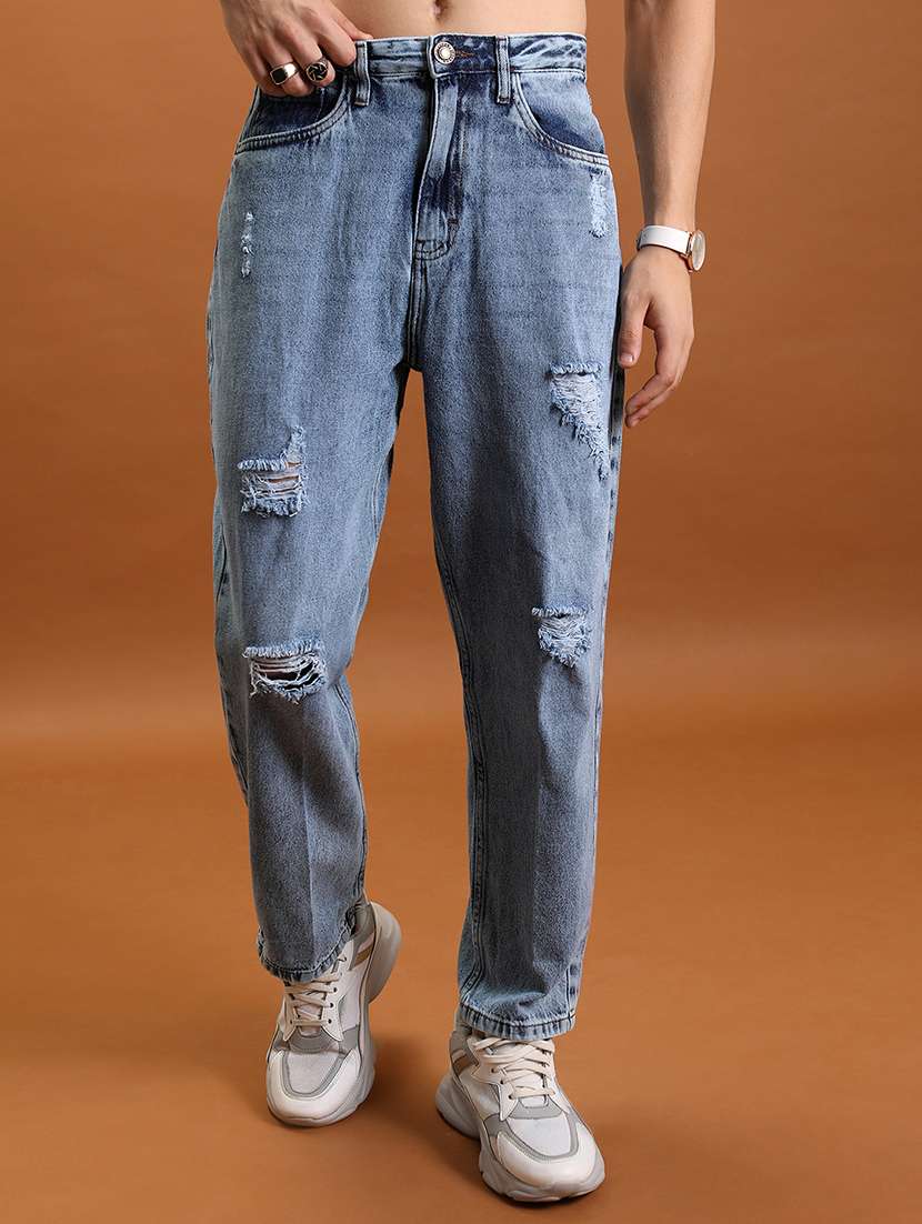 men distress mid rise full length barrel jeans